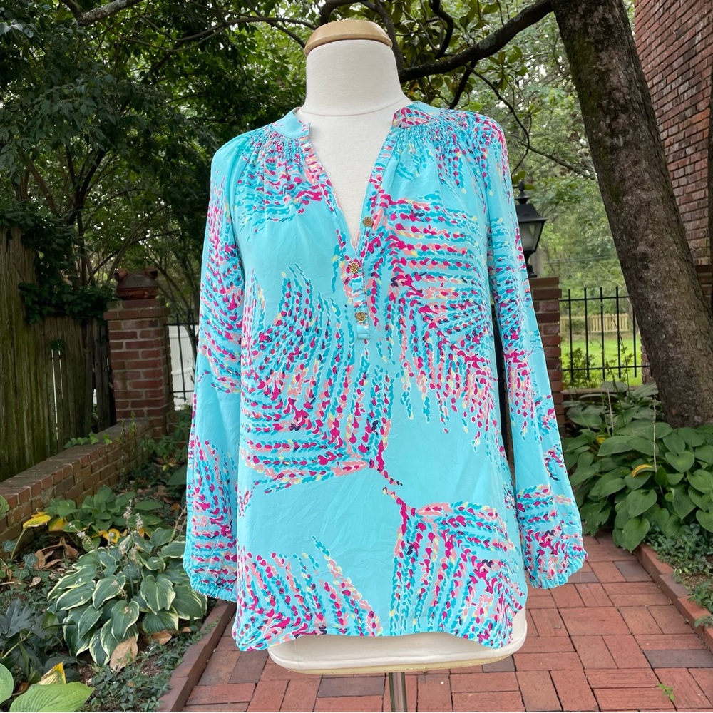 Lilly Pulitzer, turquoise multi color print, silk, long sleeve, size M, blouse